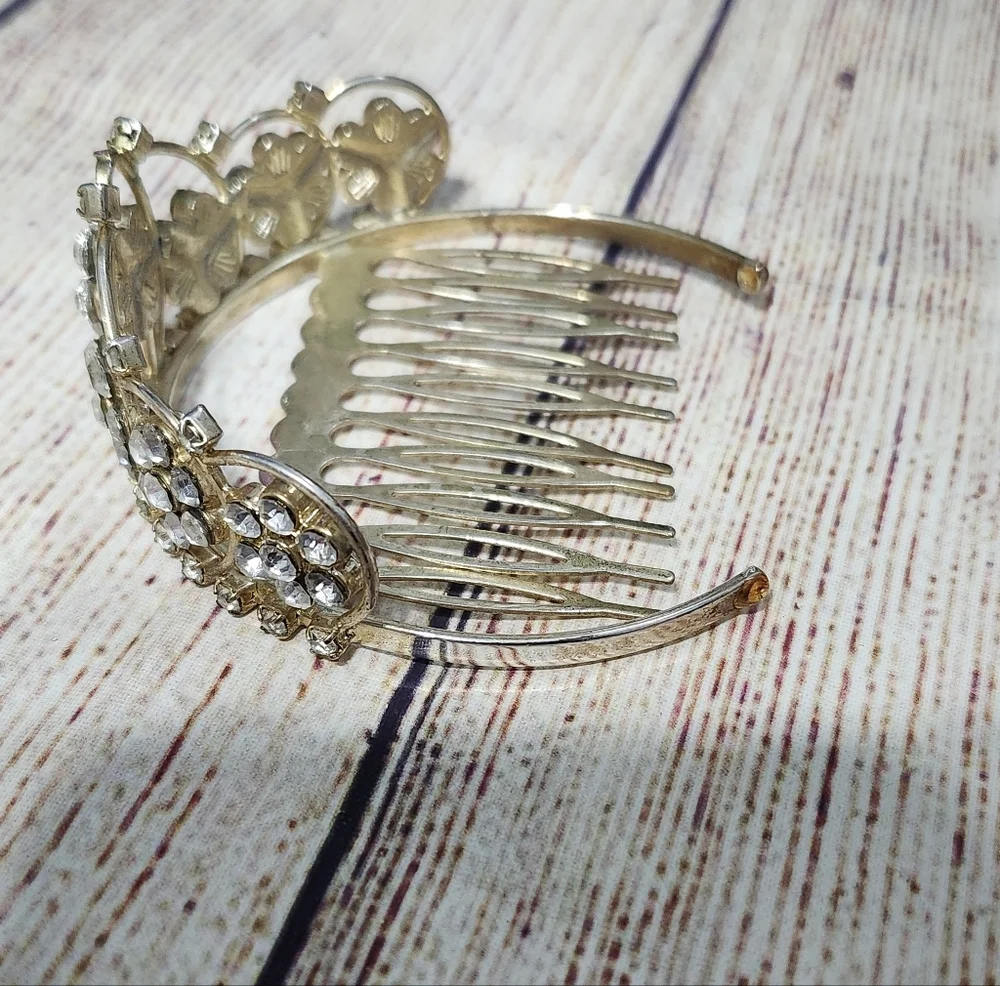 Vintage Light Gold 925 Marked Mini Tiara Rhinestone Comb